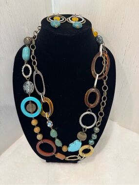 Boho Multi-Color Statement Necklace and Earrings Aqua, Brown, Mixed Metal